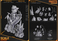 Studio scale and parts sheet (kit ships unpainted): the miniature shown in front of the 1:10 diorama with the studio's sizes for each version (miniature 97 mm tall), and the parts of each version laid out, the miniature's in the bottom right