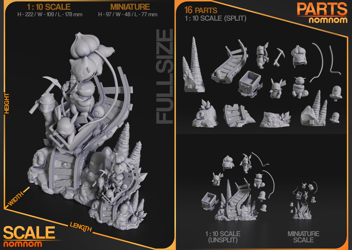 Studio scale and parts sheet (kit ships unpainted): the miniature shown in front of the 1:10 diorama with the studio's sizes for each version (miniature 97 mm tall), and the parts of each version laid out, the miniature's in the bottom right