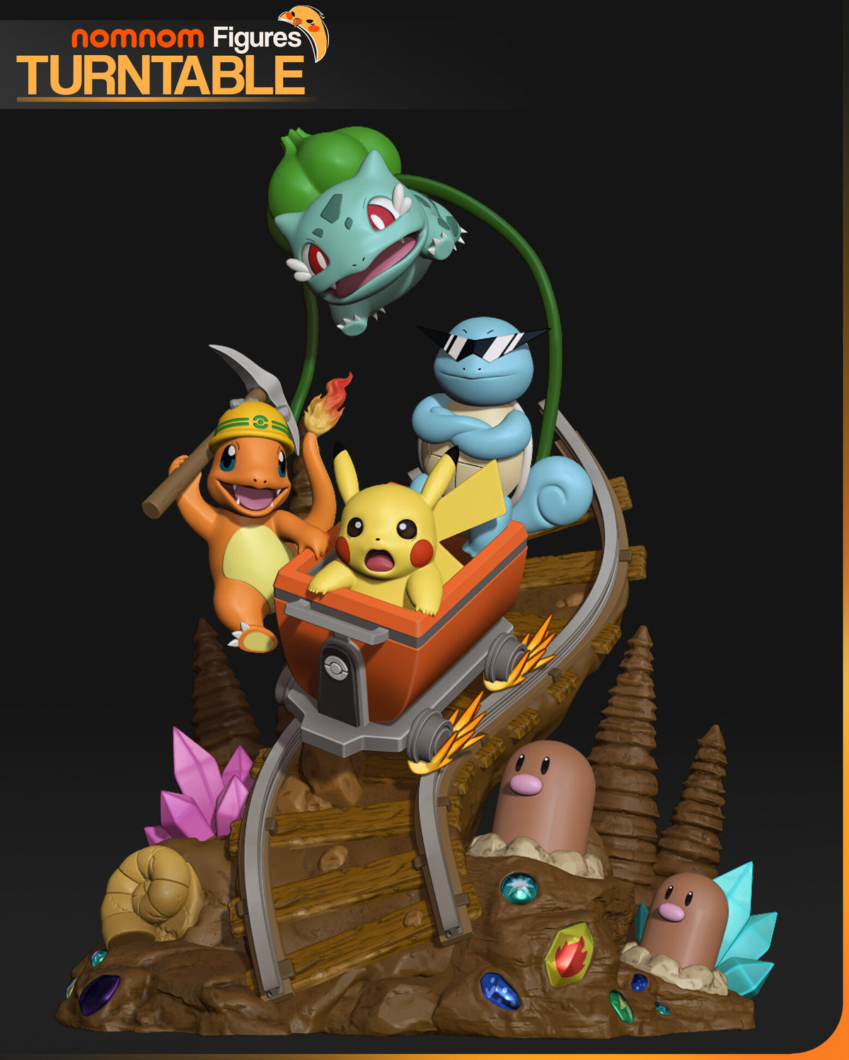 Sculptor's render (kit ships unpainted): the painted design, the yellow electric mouse, the fire lizard in a hard hat and the turtle in sunglasses in a mine cart, with the seed creature flying above on its vines over a crystal cave base; the miniature is the same sculpt at 97 mm tall, in 10 pieces