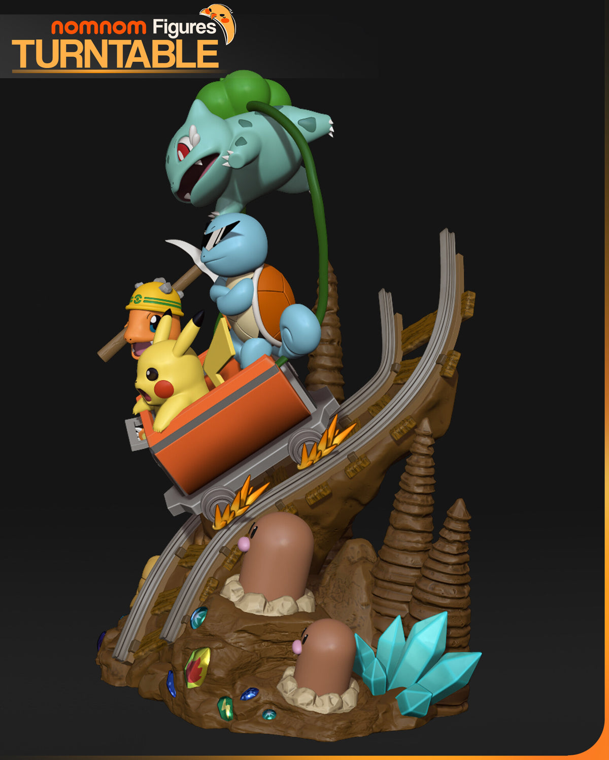 Sculptor's render (kit ships unpainted): three-quarter view along the track, with the moles in the ground and the cyan crystals at the front