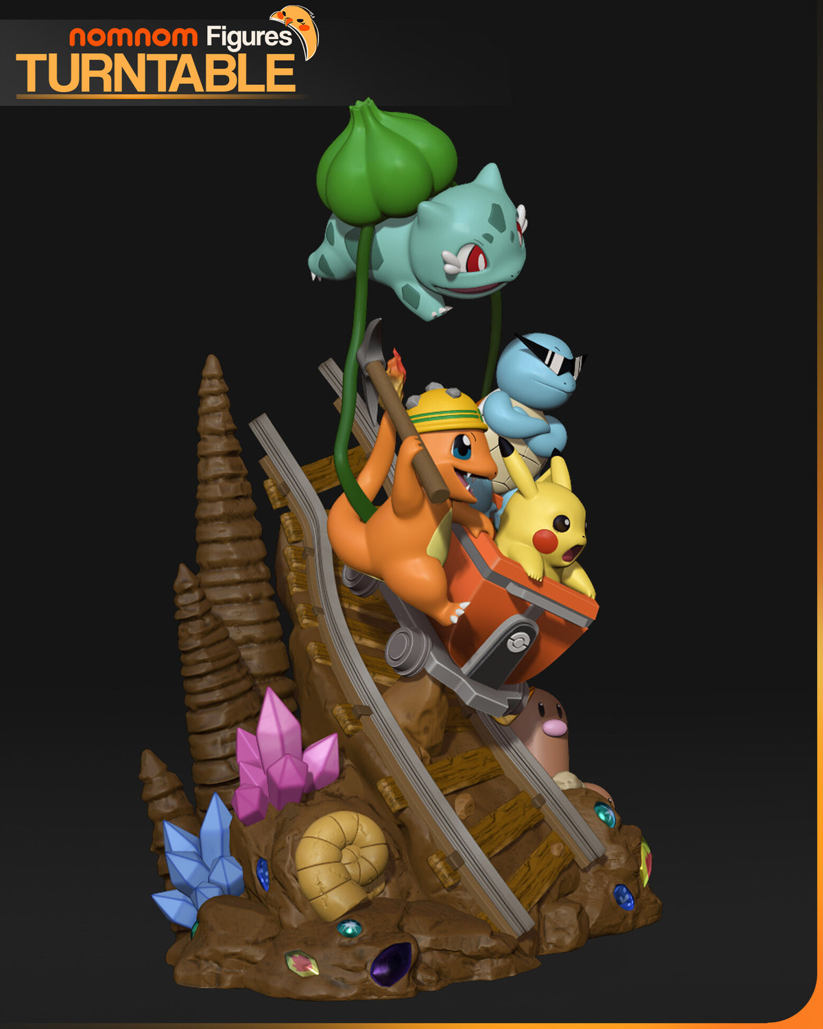 Sculptor's render (kit ships unpainted): side view of the cart on the rails, the fossil shell and the pink and blue crystal clusters