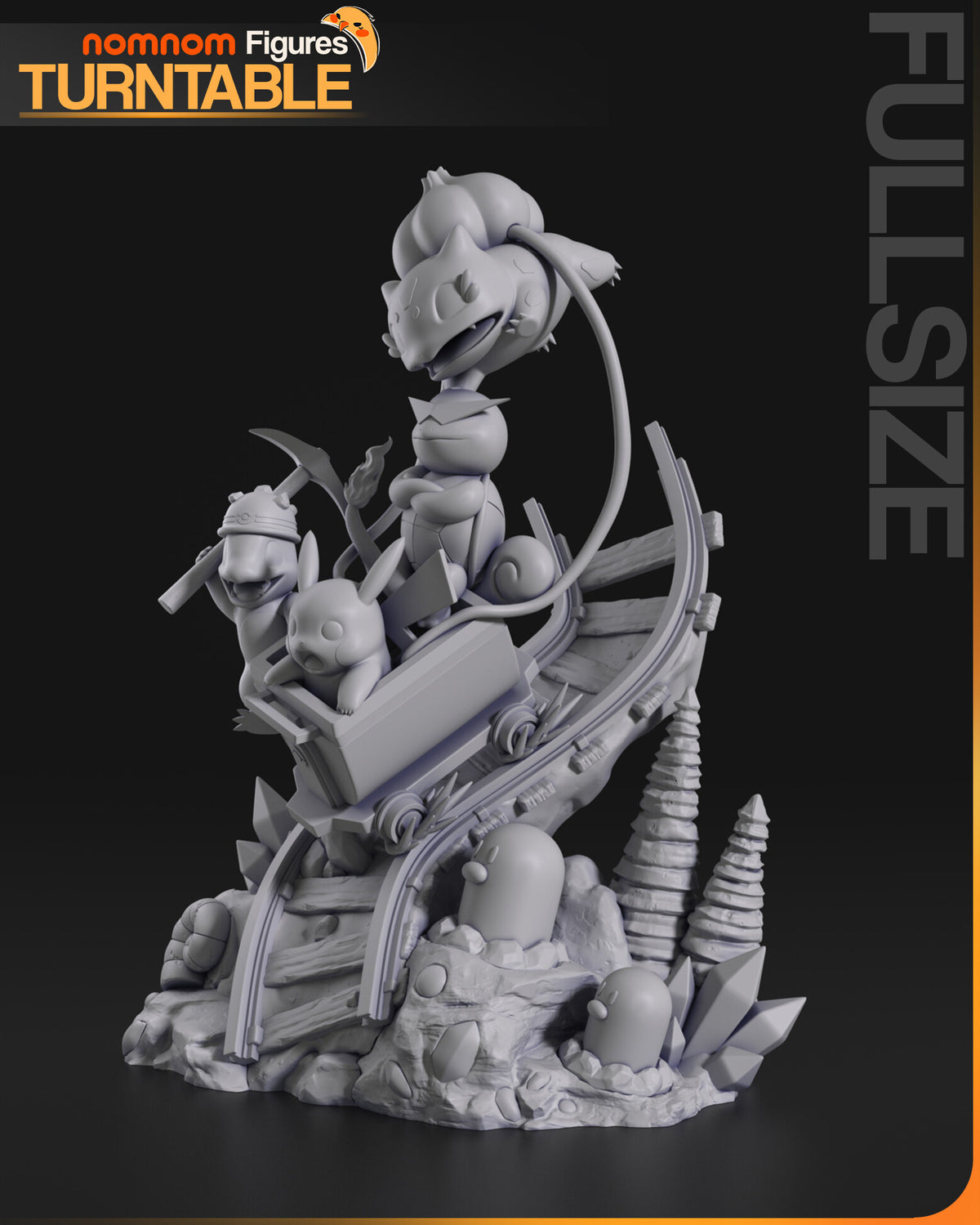 Sculptor's render (kit ships unpainted): gray view from the other side, with the rails curving down past the two moles