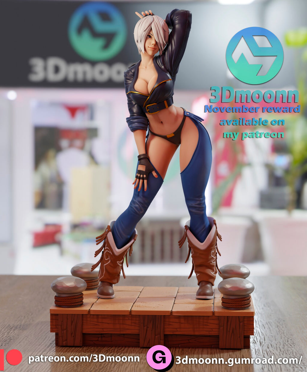 Sculptor's render of the painted design (kit ships unpainted): full figure from the front on the wooden dock base