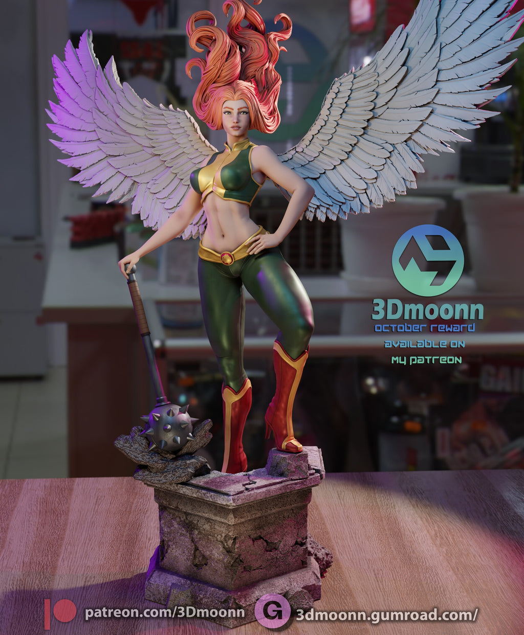 Sculptor's render of the painted design (kit ships unpainted): front view of the winged figure with one hand on a spiked mace, on the broken stone pedestal