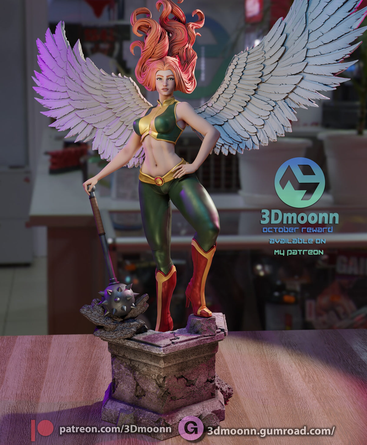 Sculptor's render of the painted design (kit ships unpainted): front view of the winged figure with one hand on a spiked mace, on the broken stone pedestal