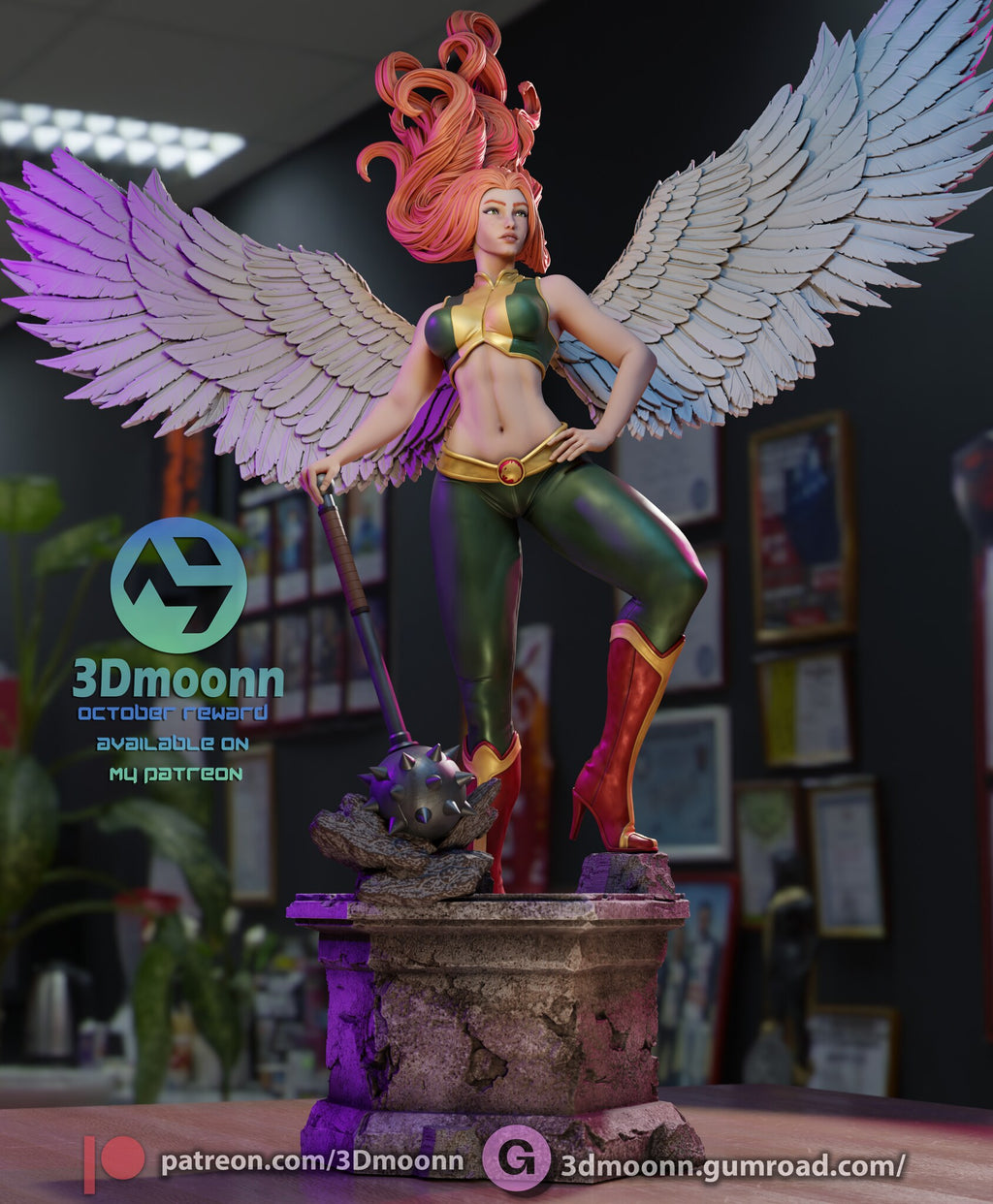 Sculptor's render (kit ships unpainted): low front view with the wings spread wide and her gaze turned to one side