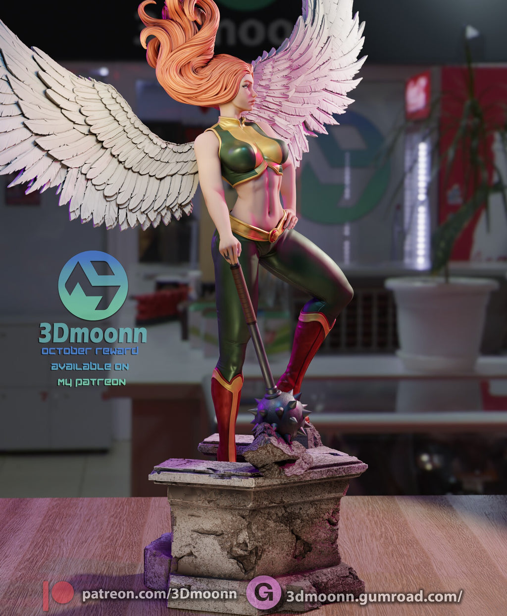 Sculptor's render (kit ships unpainted): three-quarter view from her right with one wing spread toward the camera