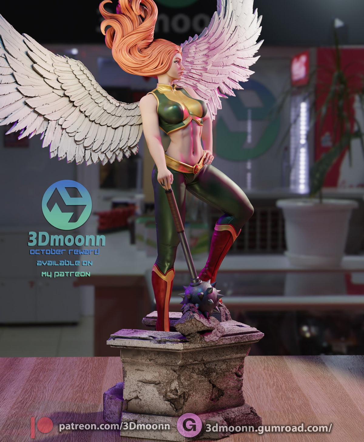 Sculptor's render (kit ships unpainted): three-quarter view from her right with one wing spread toward the camera