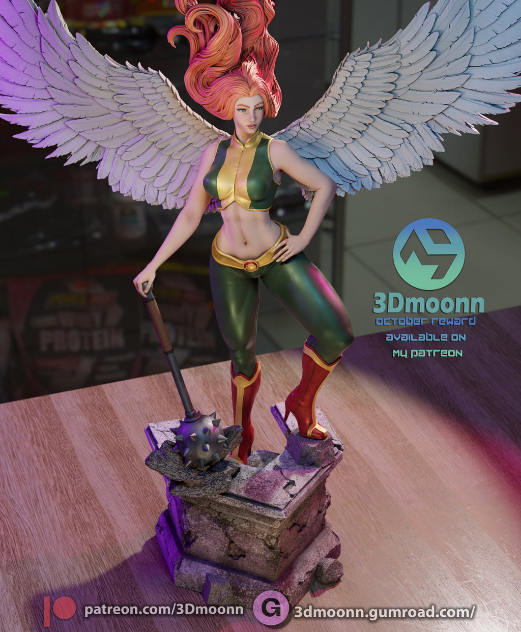 Sculptor's render (kit ships unpainted): high-angle view showing the cracked top of the pedestal and the mace resting on a broken slab