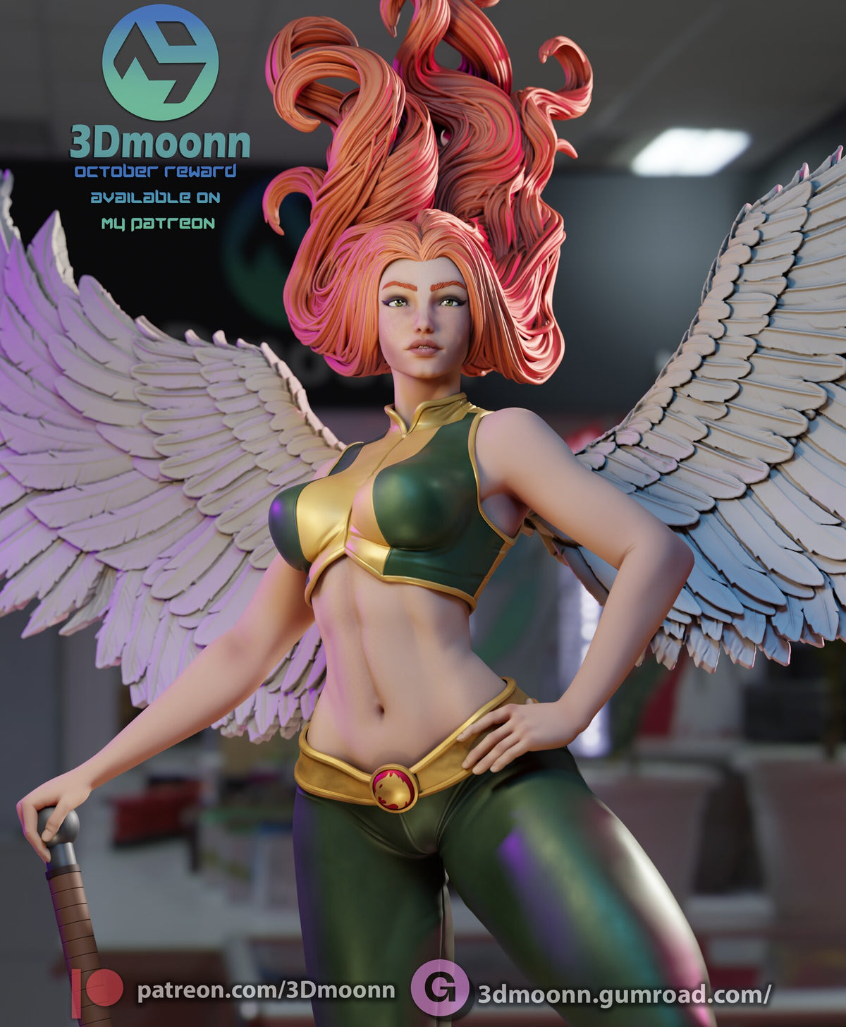 Sculptor's render (kit ships unpainted): close-up of the face, crop top, belt buckle and wings
