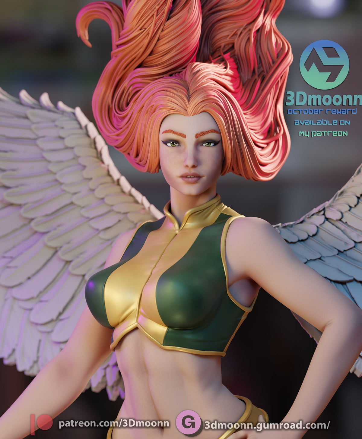 Sculptor's render (kit ships unpainted): close-up of the face and the gold-collared crop top